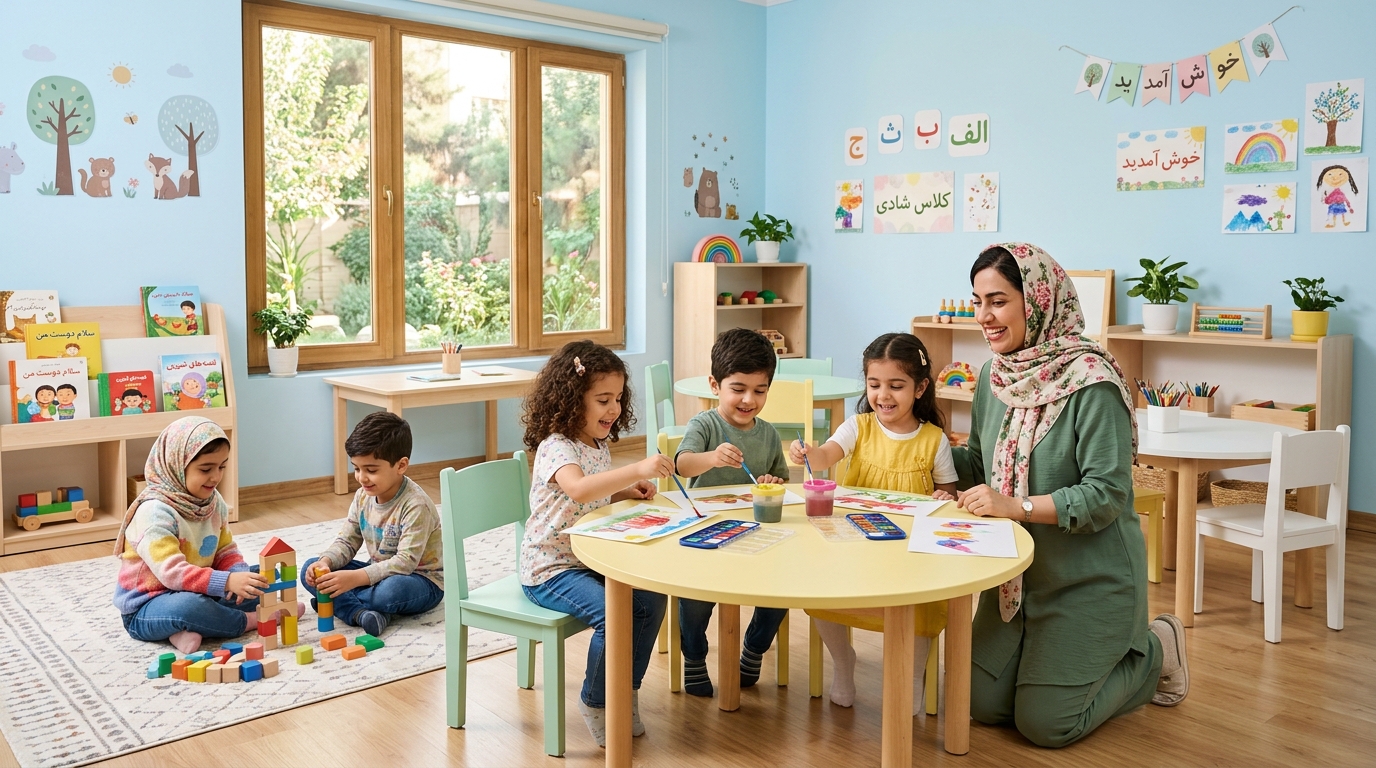 کلاس شاداب و مدرن مهدکودک سپیدار با مربی و نوآموزان