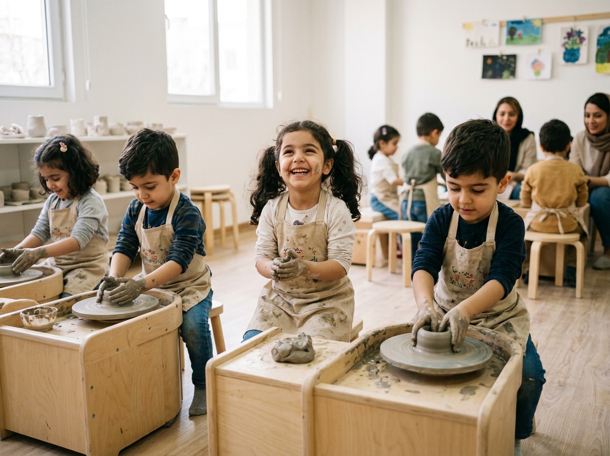 کارگاه خلاقیت سفالگری با چرخ و لمس گل طبیعی بهداشتی